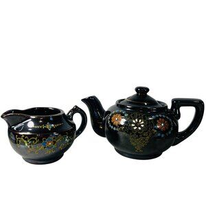 Vtg Japanese Black Ceramic Teapot & Redware Creamer Hand-Painted Floral Motifs